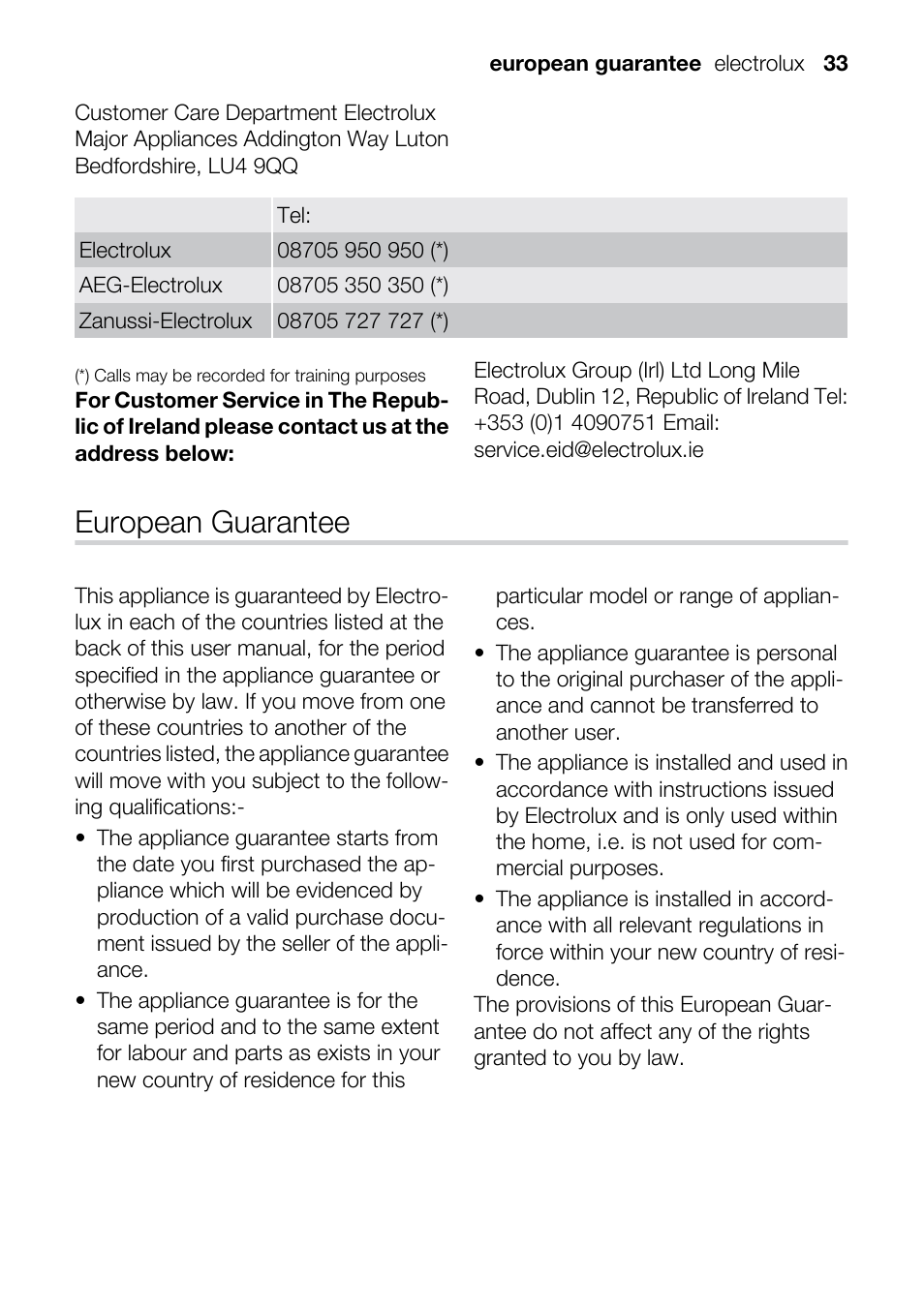 European guarantee | Electrolux U33024 EOB31010X User Manual | Page 33 / 40