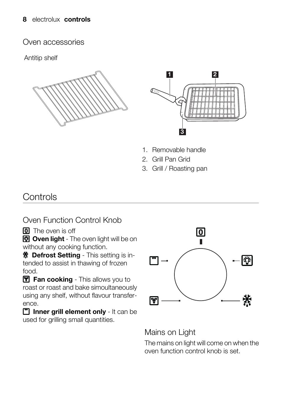 Controls, Oven accessories, Oven function control knob | Mains on light | Electrolux U33024 EOB31010X User Manual | Page 8 / 40