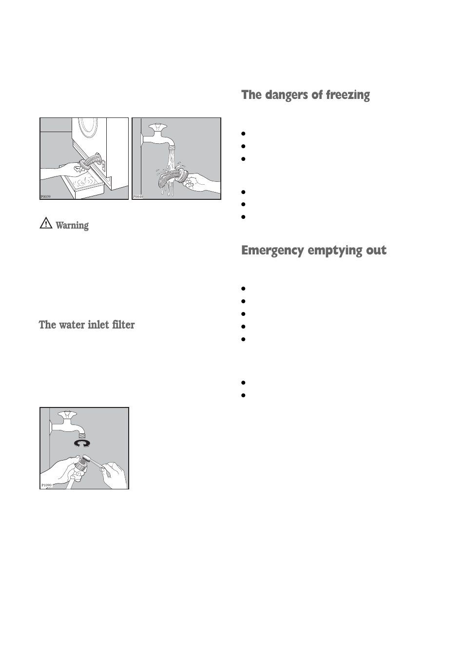 The dangers of freezing, Emergency emptying out, The water inlet filter | Warning | Electrolux FWD 1210 User Manual | Page 20 / 31