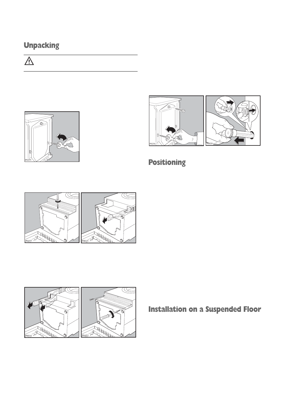 Positioning, Installation on a suspended floor, Unpacking | Electrolux FWD 1210 User Manual | Page 25 / 31