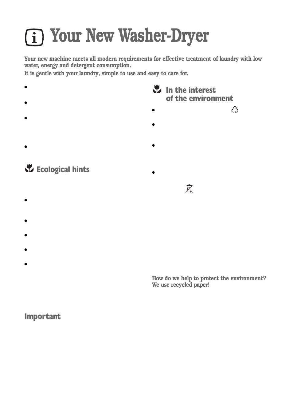 Your new washer-dryer, Ecological hints, Important | Electrolux FWD 1210 User Manual | Page 4 / 31