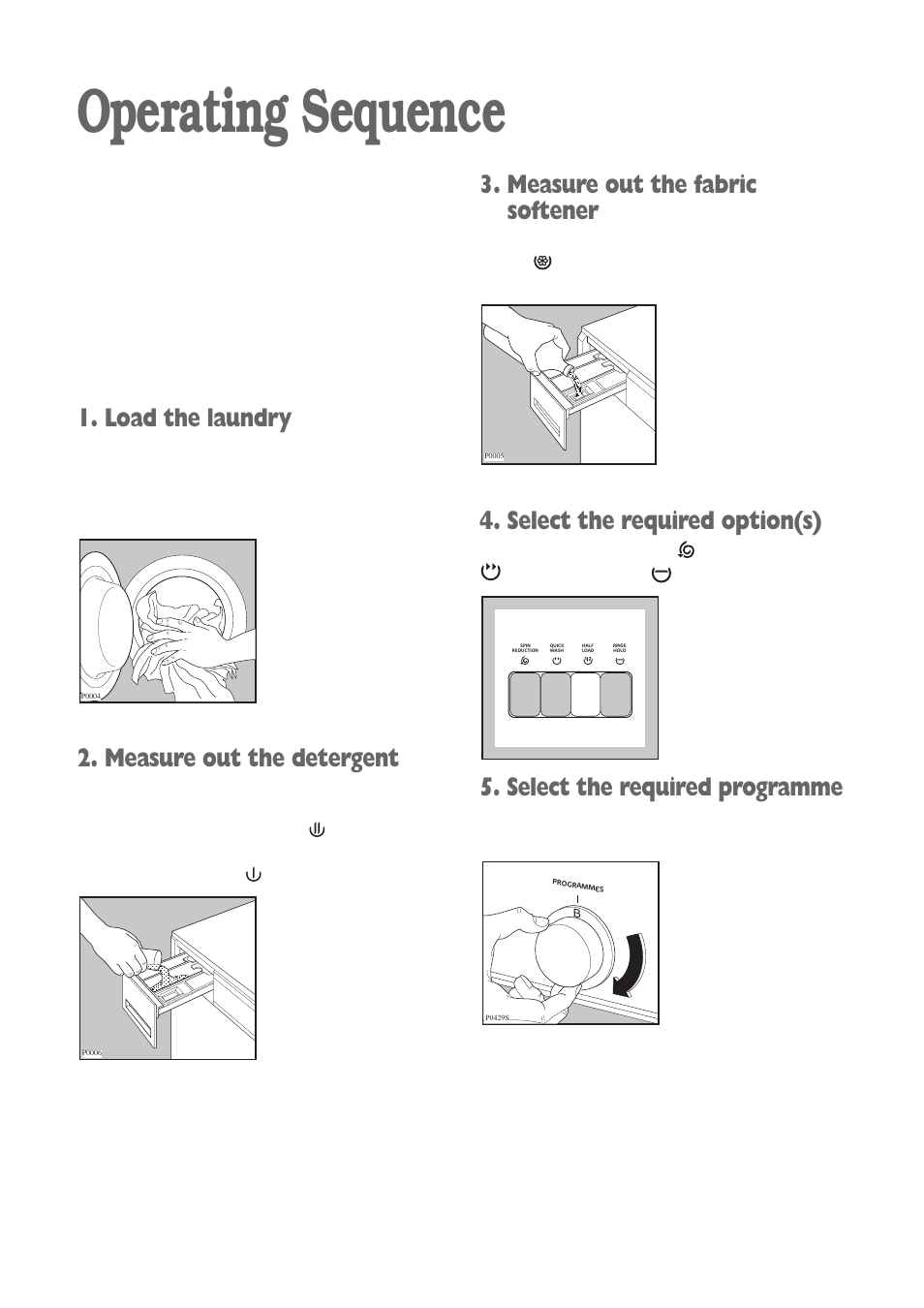 Operating sequence, Measure out the fabric softener, Select the required option(s) | Select the required programme, Load the laundry, Measure out the detergent | Electrolux FWD 1210 User Manual | Page 8 / 31