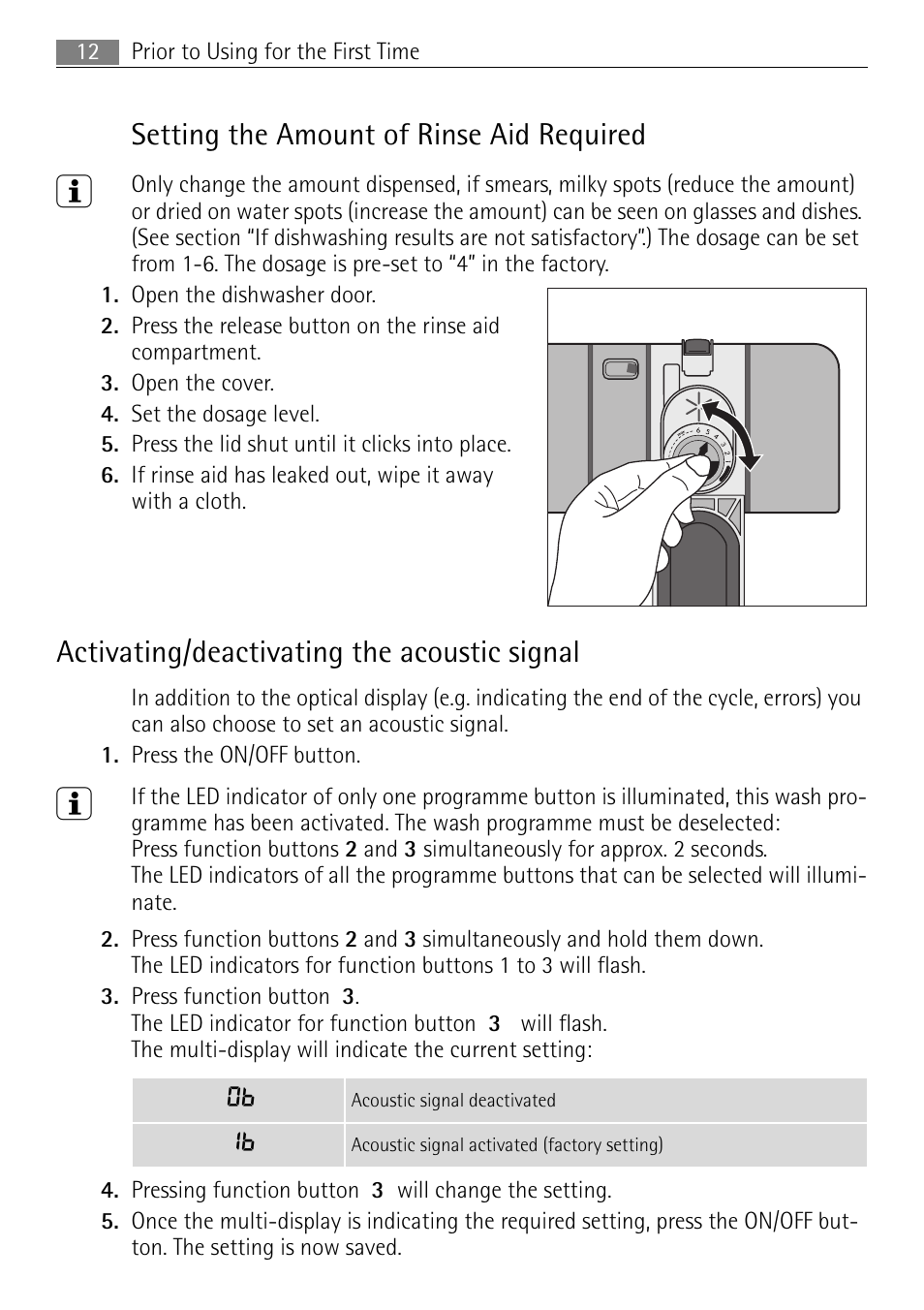 Setting the amount of rinse aid required, Activating/deactivating the acoustic signal | Electrolux 65080 Vi User Manual | Page 12 / 40