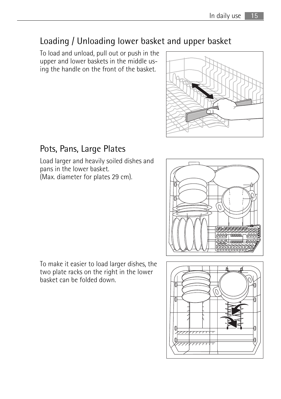 Loading / unloading lower basket and upper basket, Pots, pans, large plates | Electrolux 65080 Vi User Manual | Page 15 / 40