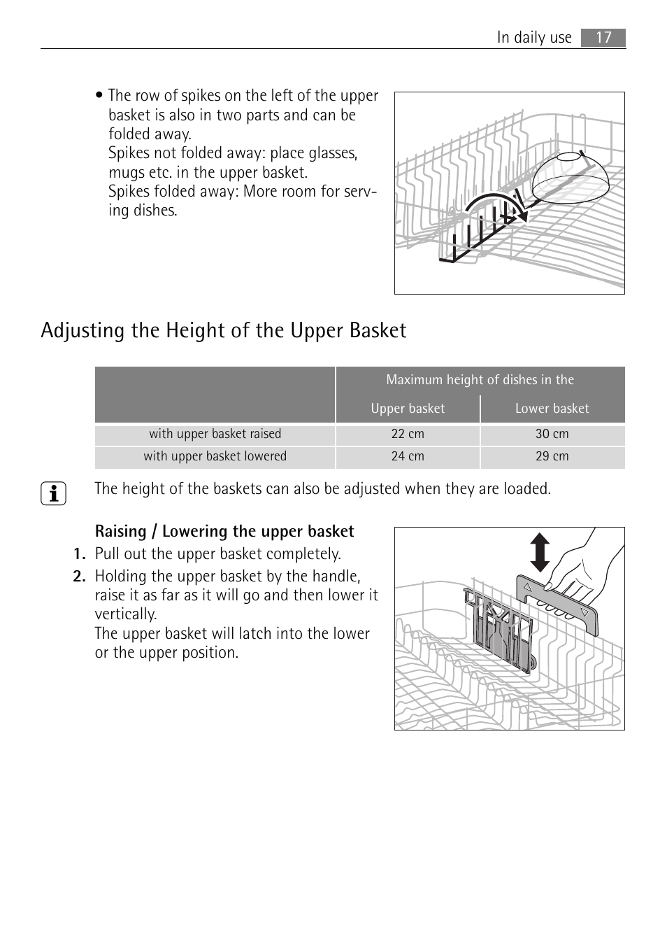 Adjusting the height of the upper basket | Electrolux 65080 Vi User Manual | Page 17 / 40