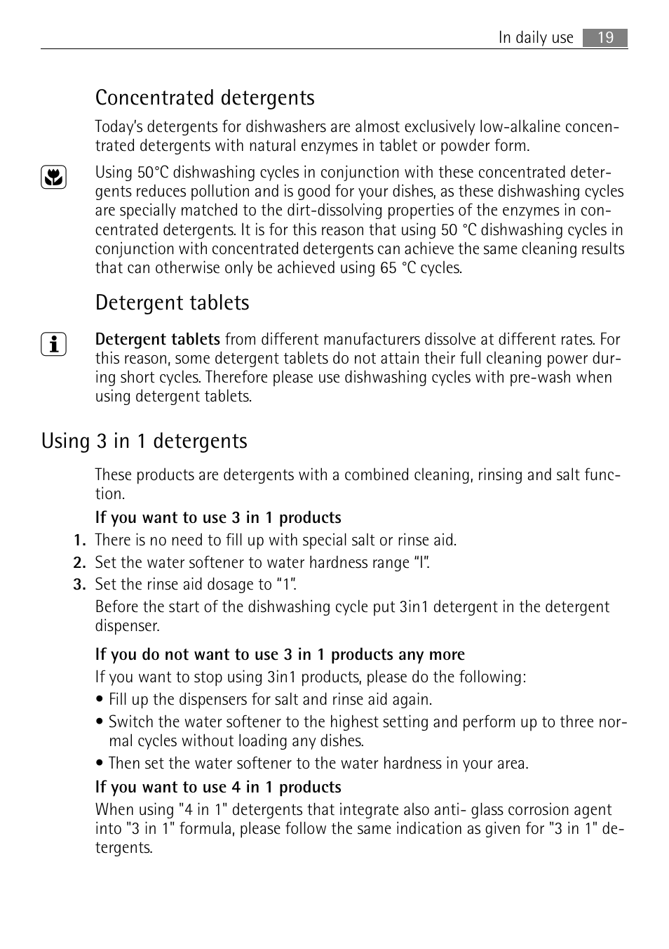 Concentrated detergents, Detergent tablets, Using 3 in 1 detergents | Electrolux 65080 Vi User Manual | Page 19 / 40