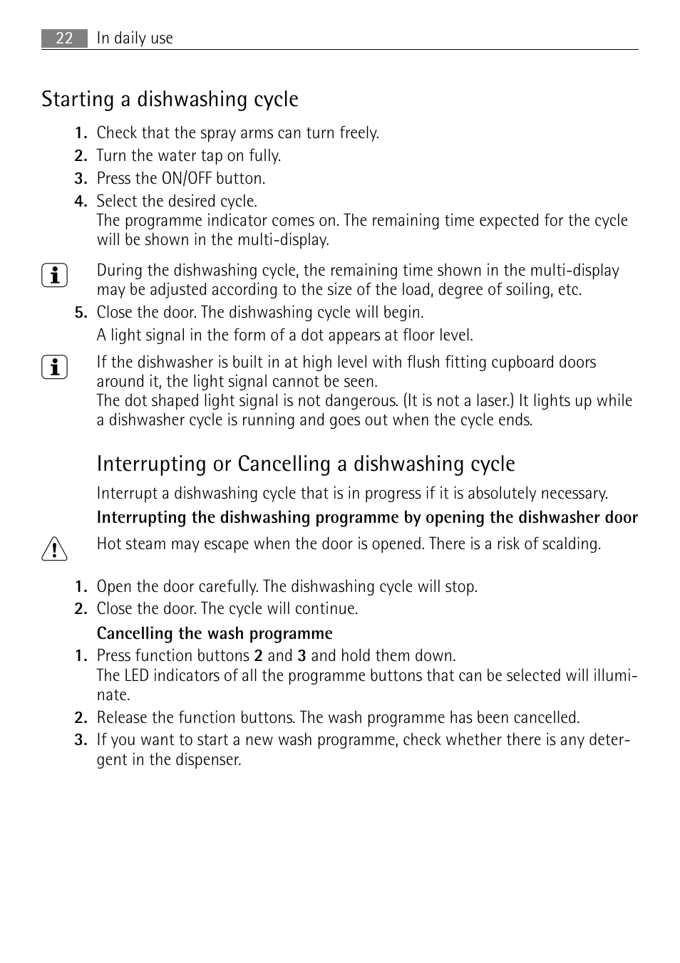 Starting a dishwashing cycle, Interrupting or cancelling a dishwashing cycle | Electrolux 65080 Vi User Manual | Page 22 / 40