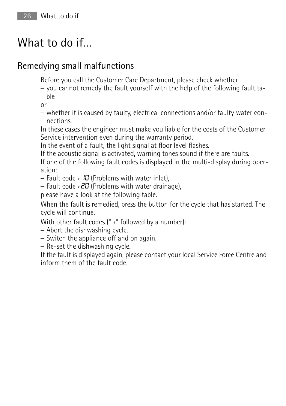 What to do if, Remedying small malfunctions | Electrolux 65080 Vi User Manual | Page 26 / 40