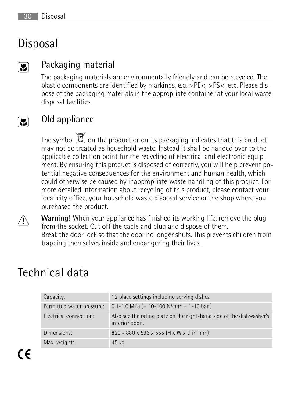 Disposal 2, Technical data 5, Packaging material | Old appliance | Electrolux 65080 Vi User Manual | Page 30 / 40