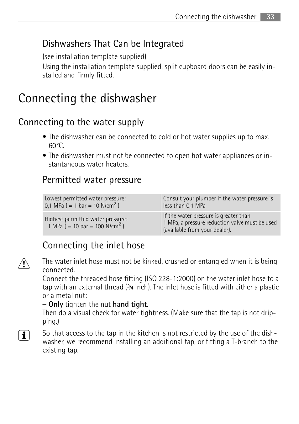 Connecting the dishwasher, Dishwashers that can be integrated, Connecting to the water supply | Permitted water pressure connecting the inlet hose | Electrolux 65080 Vi User Manual | Page 33 / 40