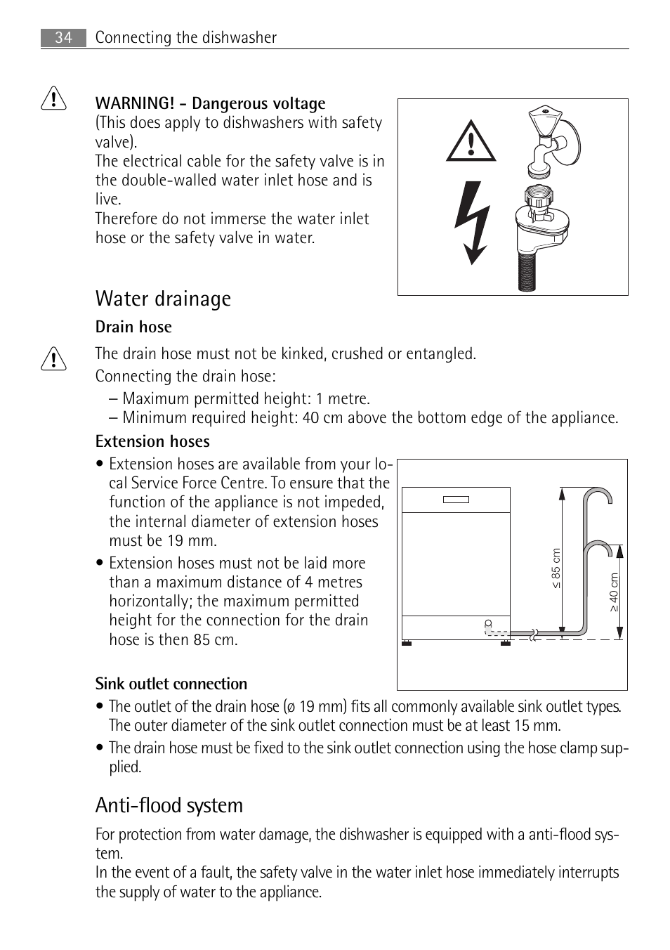 Water drainage, Anti flood system | Electrolux 65080 Vi User Manual | Page 34 / 40