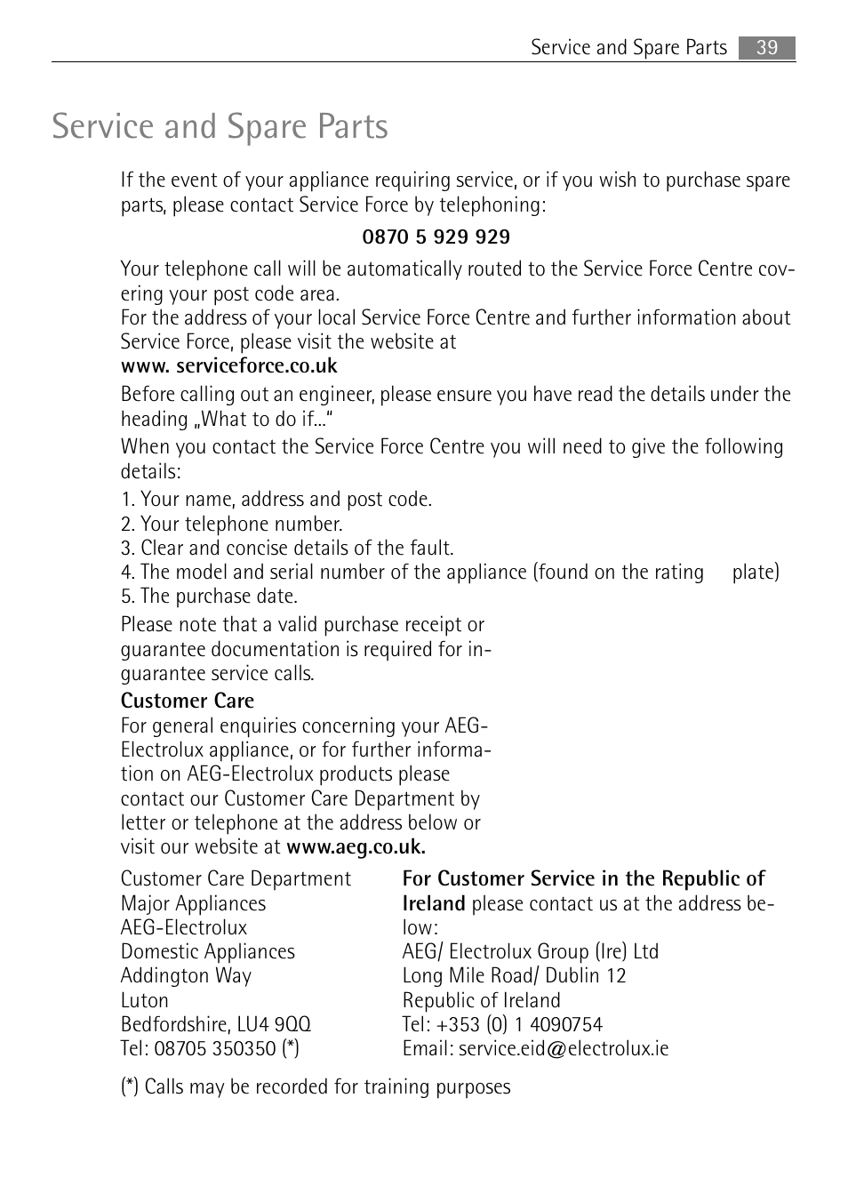 Service and spare parts | Electrolux 65080 Vi User Manual | Page 39 / 40