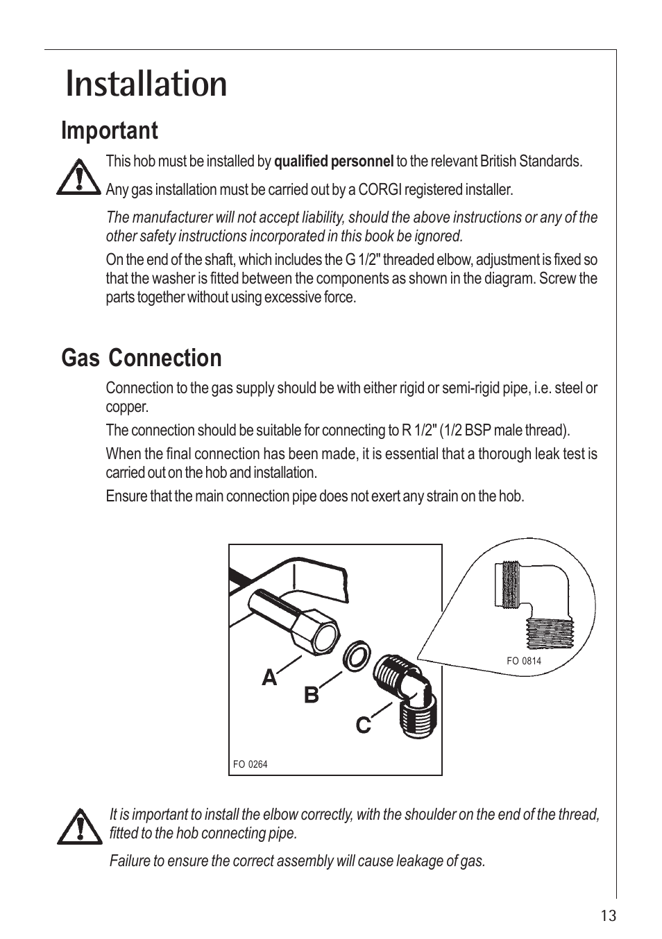 Installation, Important, Gas connection | Electrolux U30280 35772G User Manual | Page 13 / 24