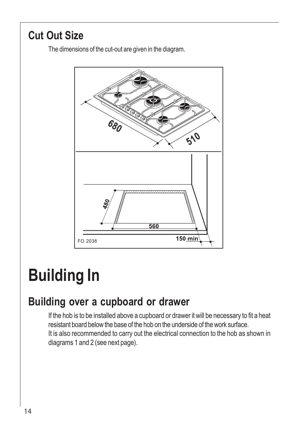 Building in, Cut out size, Building over a cupboard or drawer | Electrolux U30280 35772G User Manual | Page 14 / 24