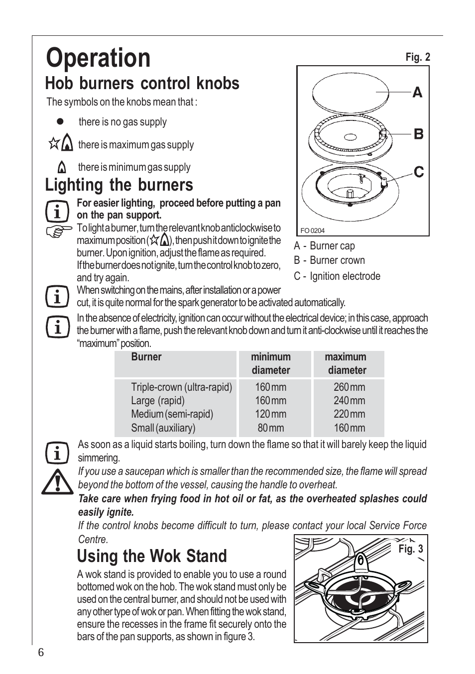 Operation, Hob burners control knobs, Lighting the burners | Using the wok stand | Electrolux U30280 35772G User Manual | Page 6 / 24