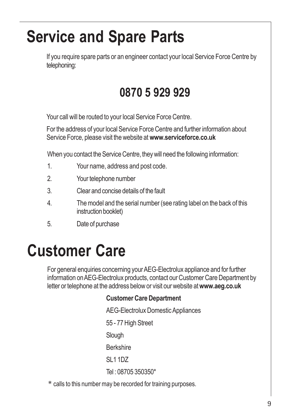 Service and spare parts customer care | Electrolux U30280 35772G User Manual | Page 9 / 24