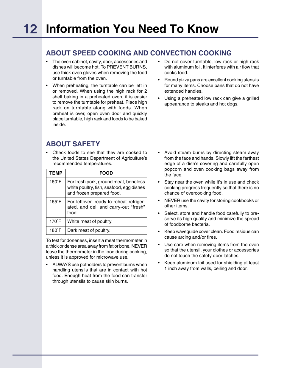 About safety, About speed cooking and convection cooking, About speed cooking and convection | Cooking, Information you need to know | Electrolux Built-in High Speed Oven TINSEB425MRRO User Manual | Page 12 / 40