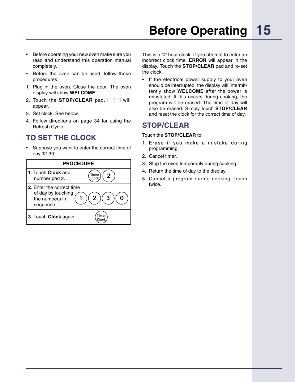 Before operating, To set the clock, Stop/clear | Electrolux Built-in High Speed Oven TINSEB425MRRO User Manual | Page 15 / 40