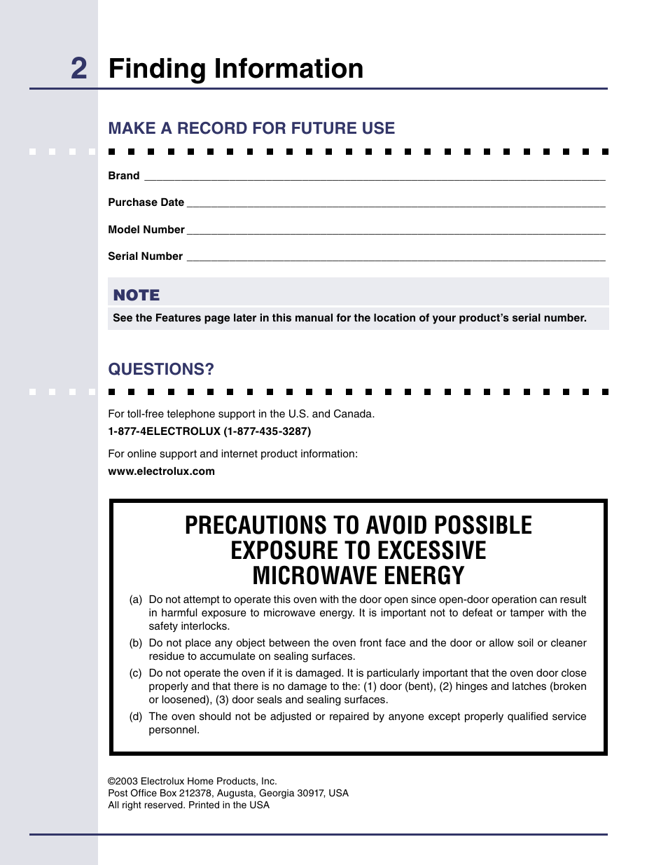 Finding information, Make a record for future use, Questions | Electrolux Built-in High Speed Oven TINSEB425MRRO User Manual | Page 2 / 40