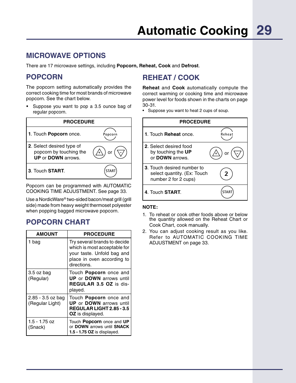 Reheat / cook, Popcorn chart, Popcorn | Microwave options, Automatic cooking | Electrolux Built-in High Speed Oven TINSEB425MRRO User Manual | Page 29 / 40