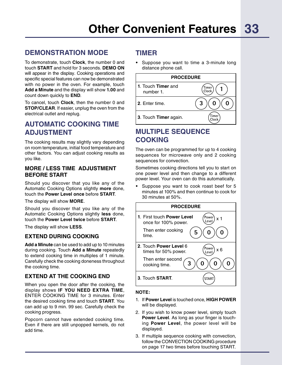 Other convenient features, Demonstration mode, Automatic cooking time adjustment | Timer, Multiple sequence cooking, Other convenient features -35 | Electrolux Built-in High Speed Oven TINSEB425MRRO User Manual | Page 33 / 40