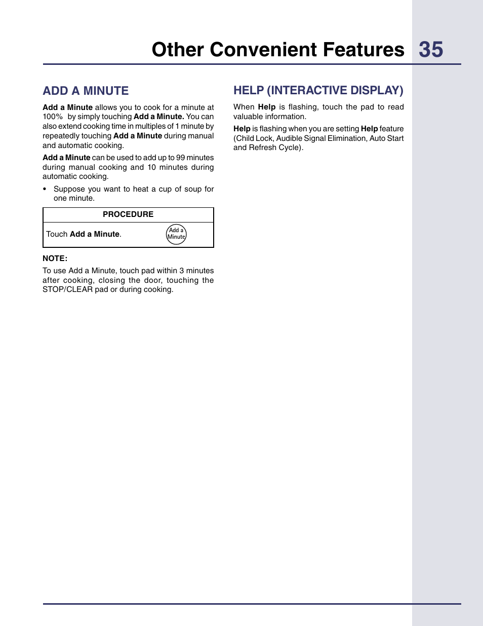 Help (interactive display), Add a minute, Other convenient features | Electrolux Built-in High Speed Oven TINSEB425MRRO User Manual | Page 35 / 40