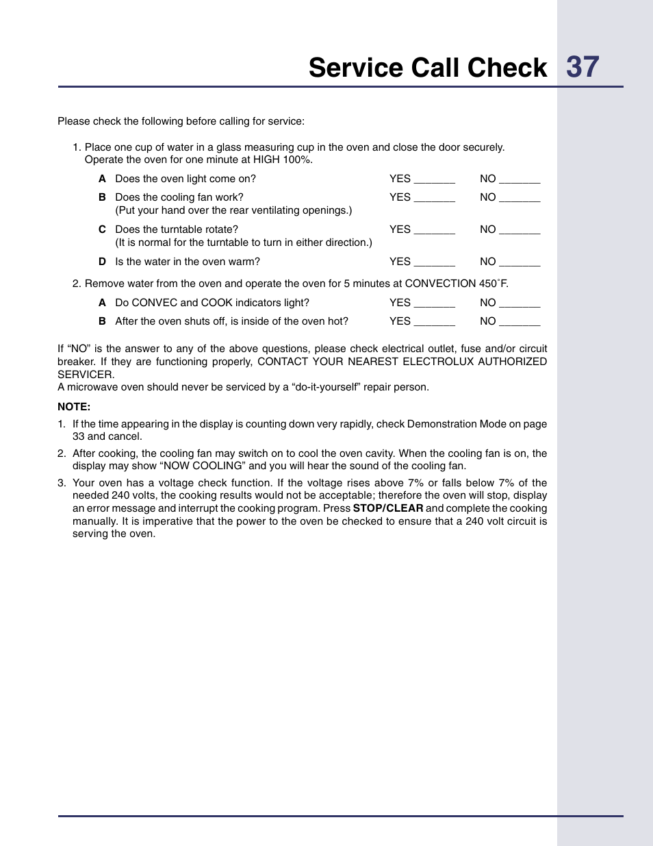 Service call check | Electrolux Built-in High Speed Oven TINSEB425MRRO User Manual | Page 37 / 40