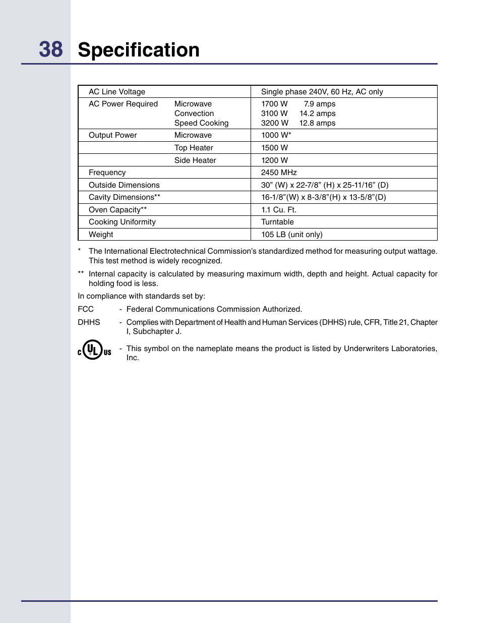 Specification | Electrolux Built-in High Speed Oven TINSEB425MRRO User Manual | Page 38 / 40