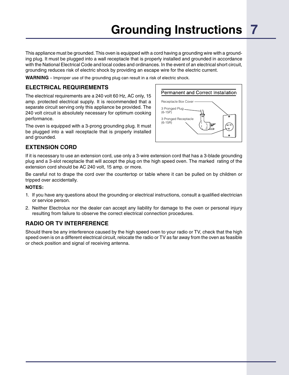 Grounding instructions | Electrolux Built-in High Speed Oven TINSEB425MRRO User Manual | Page 7 / 40