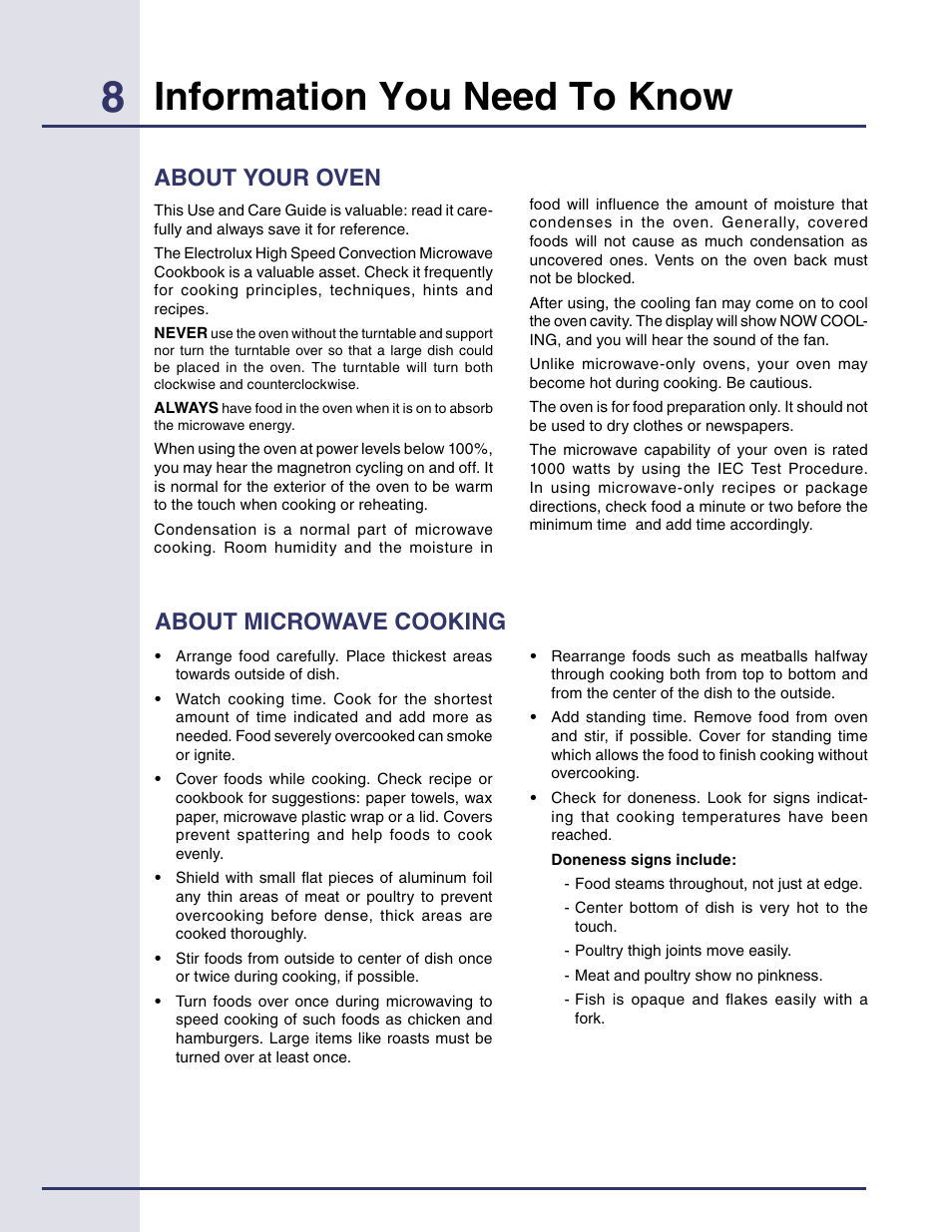 Information you need to know, About your oven, About microwave cooking | Electrolux Built-in High Speed Oven TINSEB425MRRO User Manual | Page 8 / 40