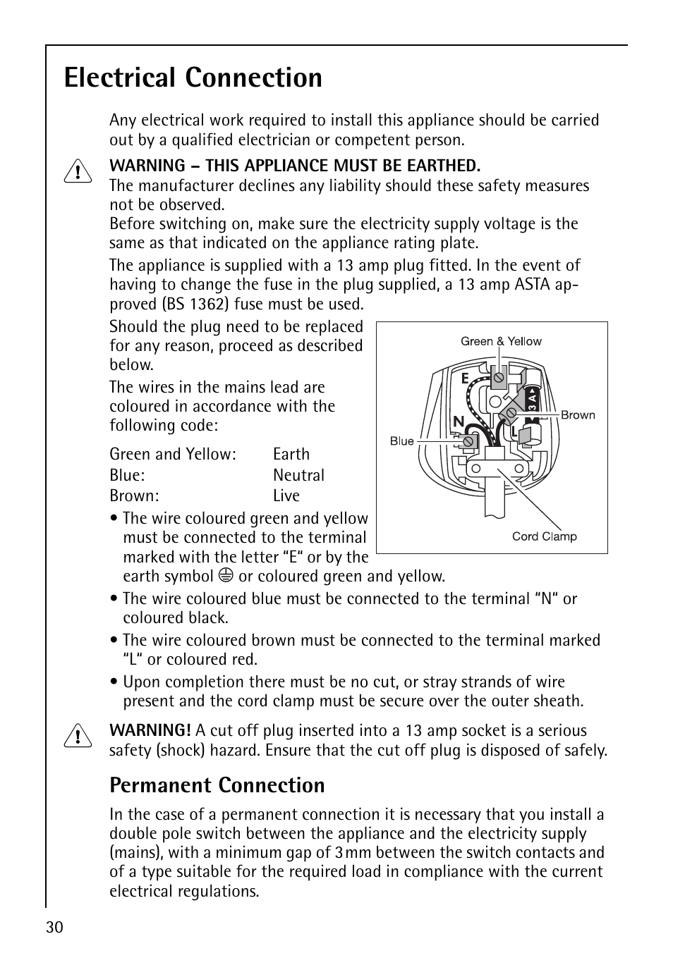 Electrical connection, Permanent connection | Electrolux LAVAMAT 62810 User Manual | Page 30 / 40