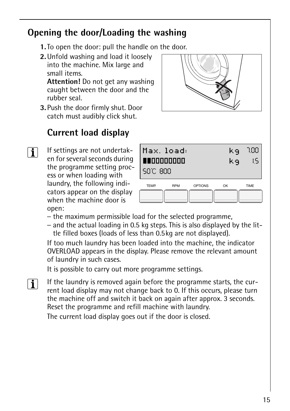 Opening the door/loading the washing, Current load display | Electrolux LAVAMAT 86810 User Manual | Page 15 / 48