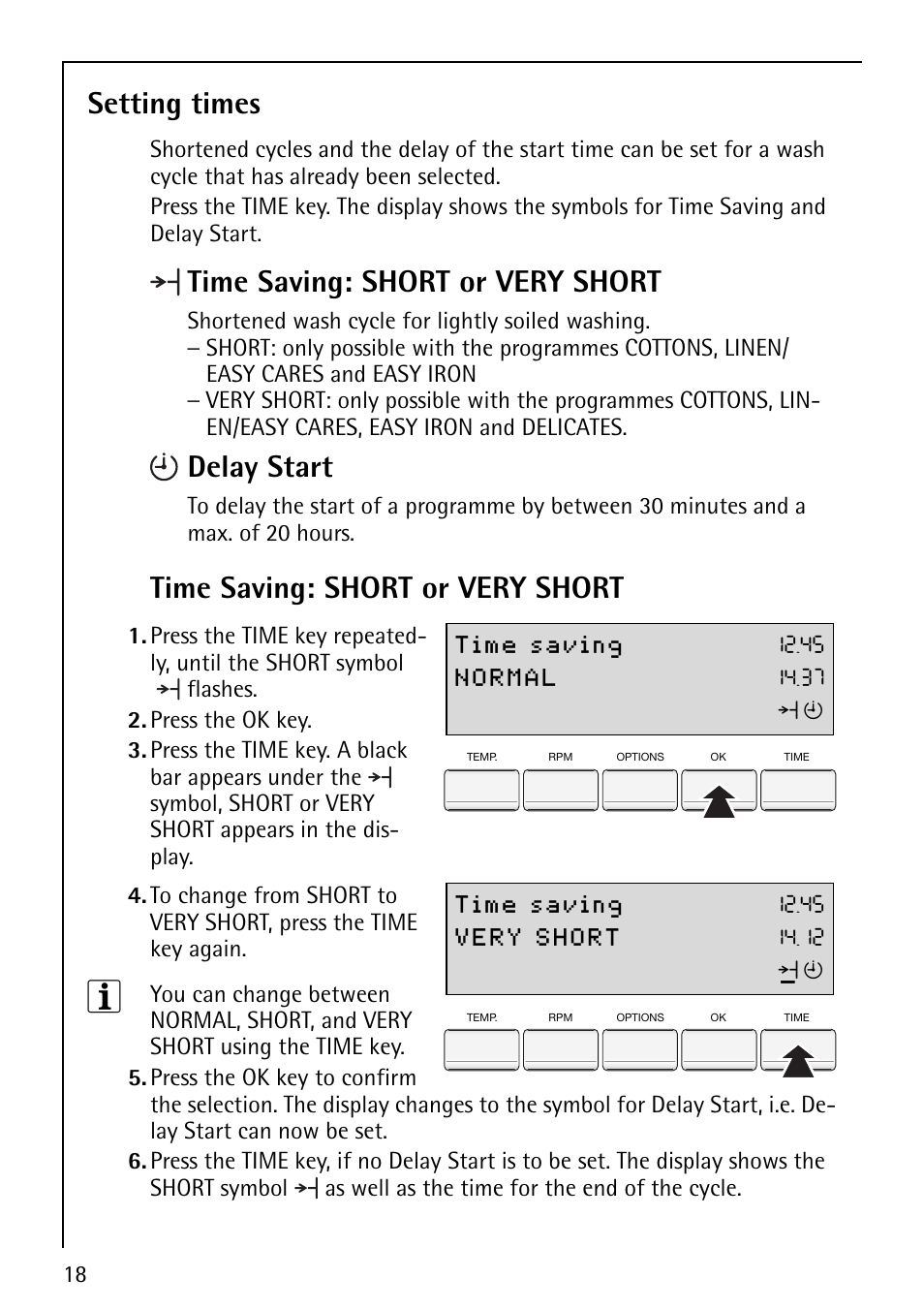 Setting times, Time saving: short or very short, Delay start | Electrolux LAVAMAT 86810 User Manual | Page 18 / 48