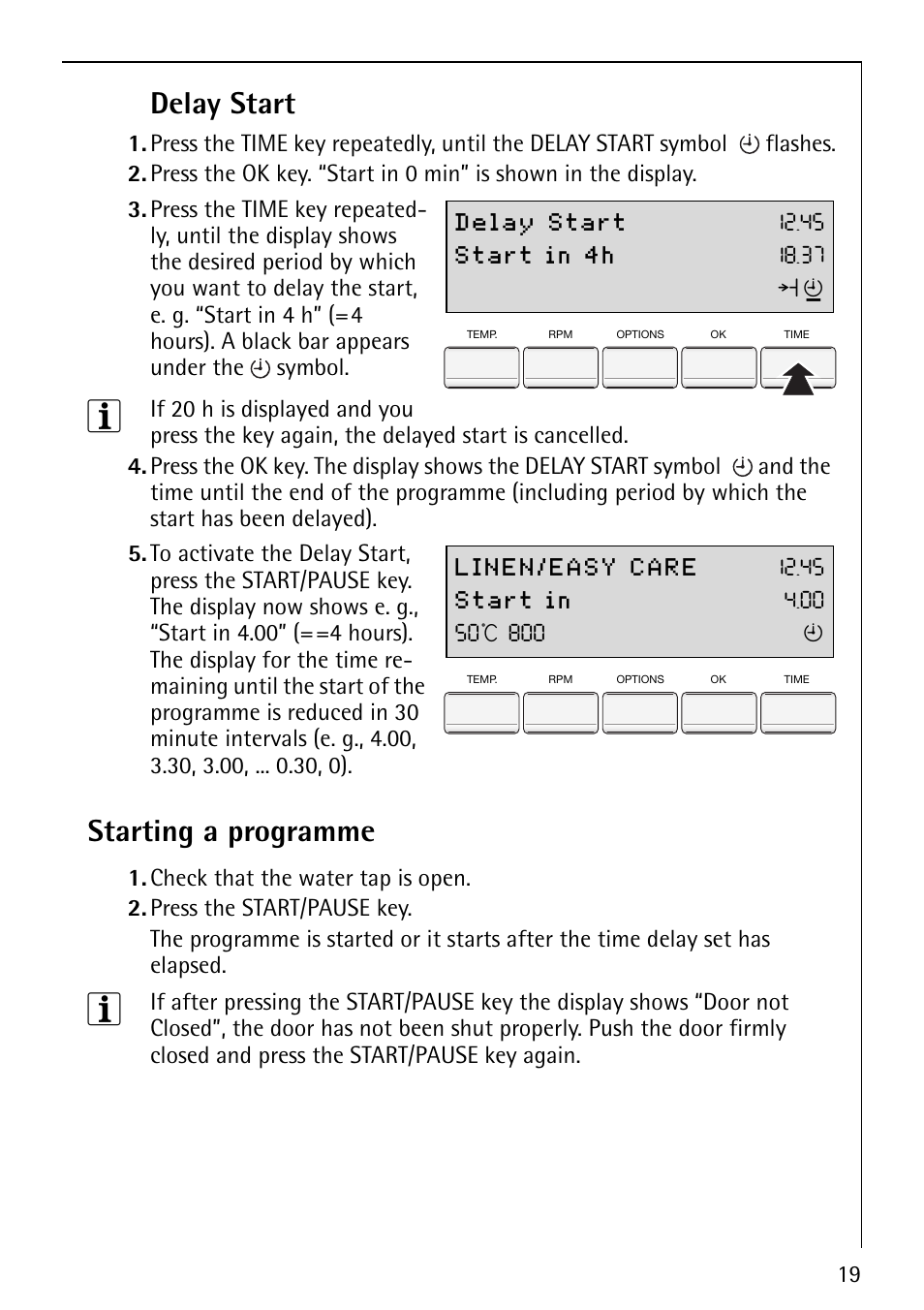 Delay start, Starting a programme | Electrolux LAVAMAT 86810 User Manual | Page 19 / 48