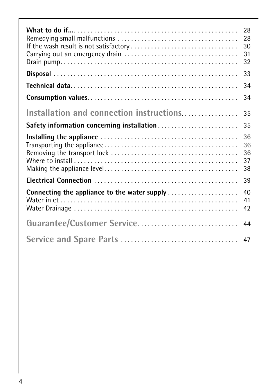 Installation and connection instructions, Guarantee/customer service, Service and spare parts | Electrolux LAVAMAT 86810 User Manual | Page 4 / 48