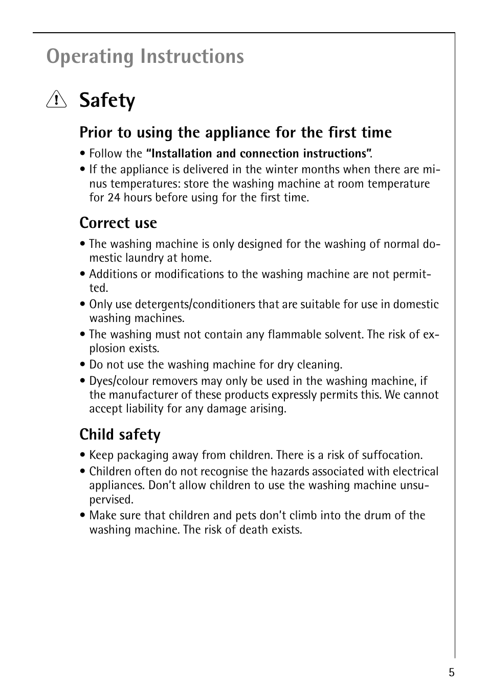 Operating instructions 1 safety, Prior to using the appliance for the first time, Correct use | Child safety | Electrolux LAVAMAT 86810 User Manual | Page 5 / 48