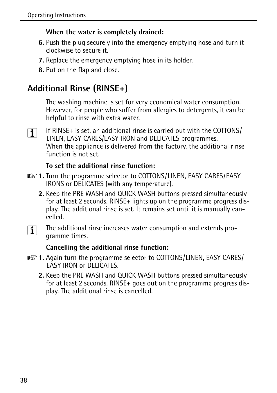 Additional rinse (rinse+) | Electrolux 74640 User Manual | Page 38 / 56