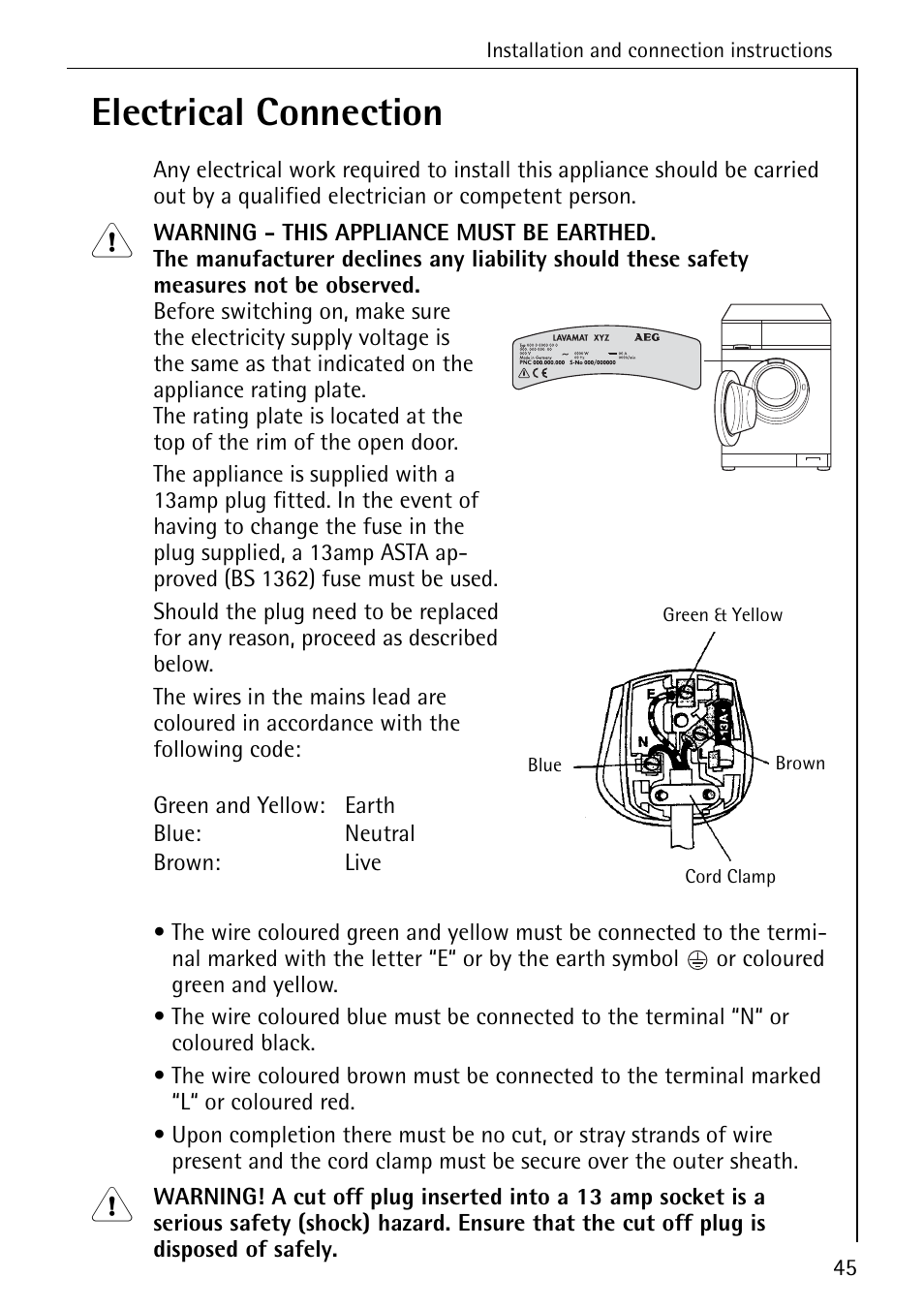Electrical connection | Electrolux 74640 User Manual | Page 45 / 56