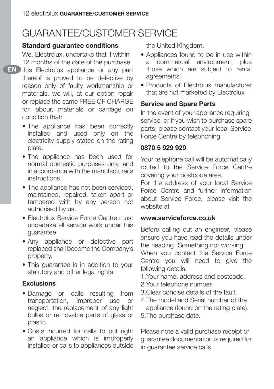 Guarantee/customer service | Electrolux U312940. EFC70710 User Manual | Page 12 / 28