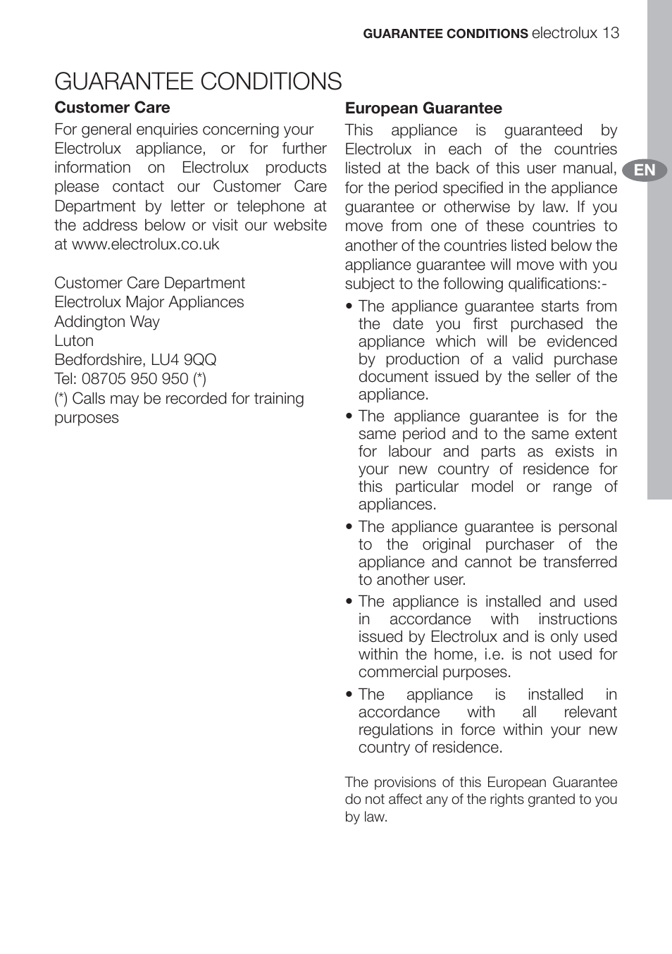 Guarantee conditions | Electrolux U312940. EFC70710 User Manual | Page 13 / 28