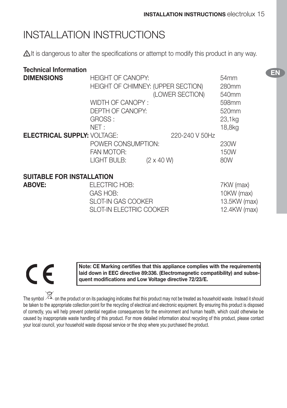 Installation instructions | Electrolux U312940. EFC70710 User Manual | Page 15 / 28