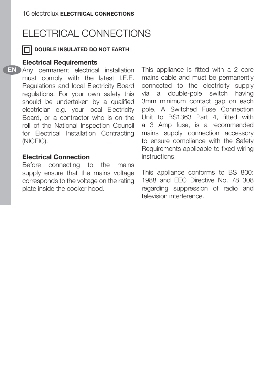 Electrical connections | Electrolux U312940. EFC70710 User Manual | Page 16 / 28