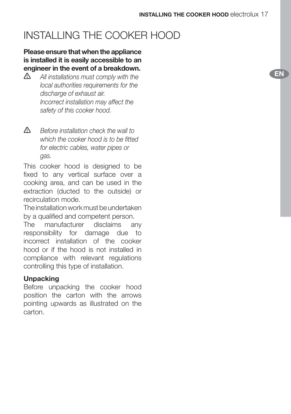 Installing the cooker hood | Electrolux U312940. EFC70710 User Manual | Page 17 / 28