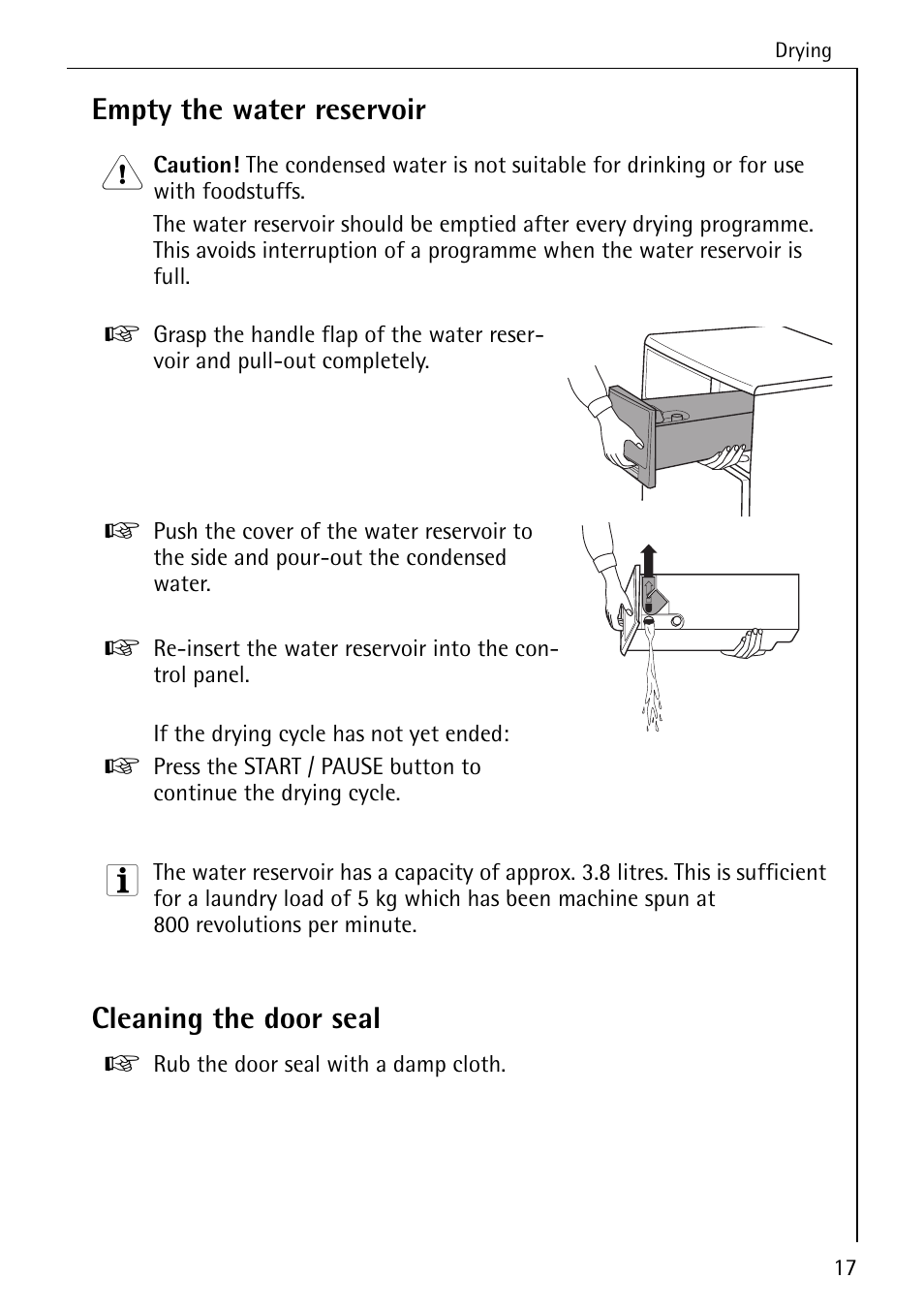 Empty the water reservoir, Cleaning the door seal | Electrolux LAVATHERM 57520 User Manual | Page 17 / 40