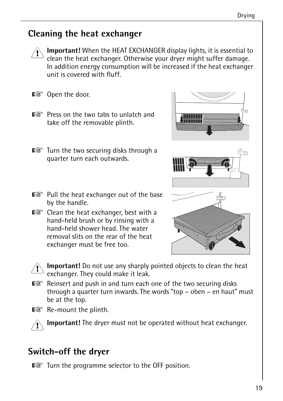 Cleaning the heat exchanger, Switch-off the dryer | Electrolux LAVATHERM 57520 User Manual | Page 19 / 40