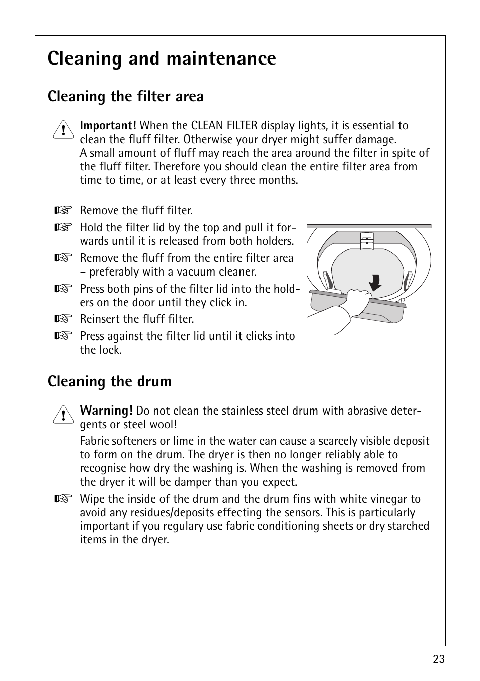 Cleaning and maintenance, Cleaning the filter area, Cleaning the drum | Electrolux LAVATHERM 57520 User Manual | Page 23 / 40