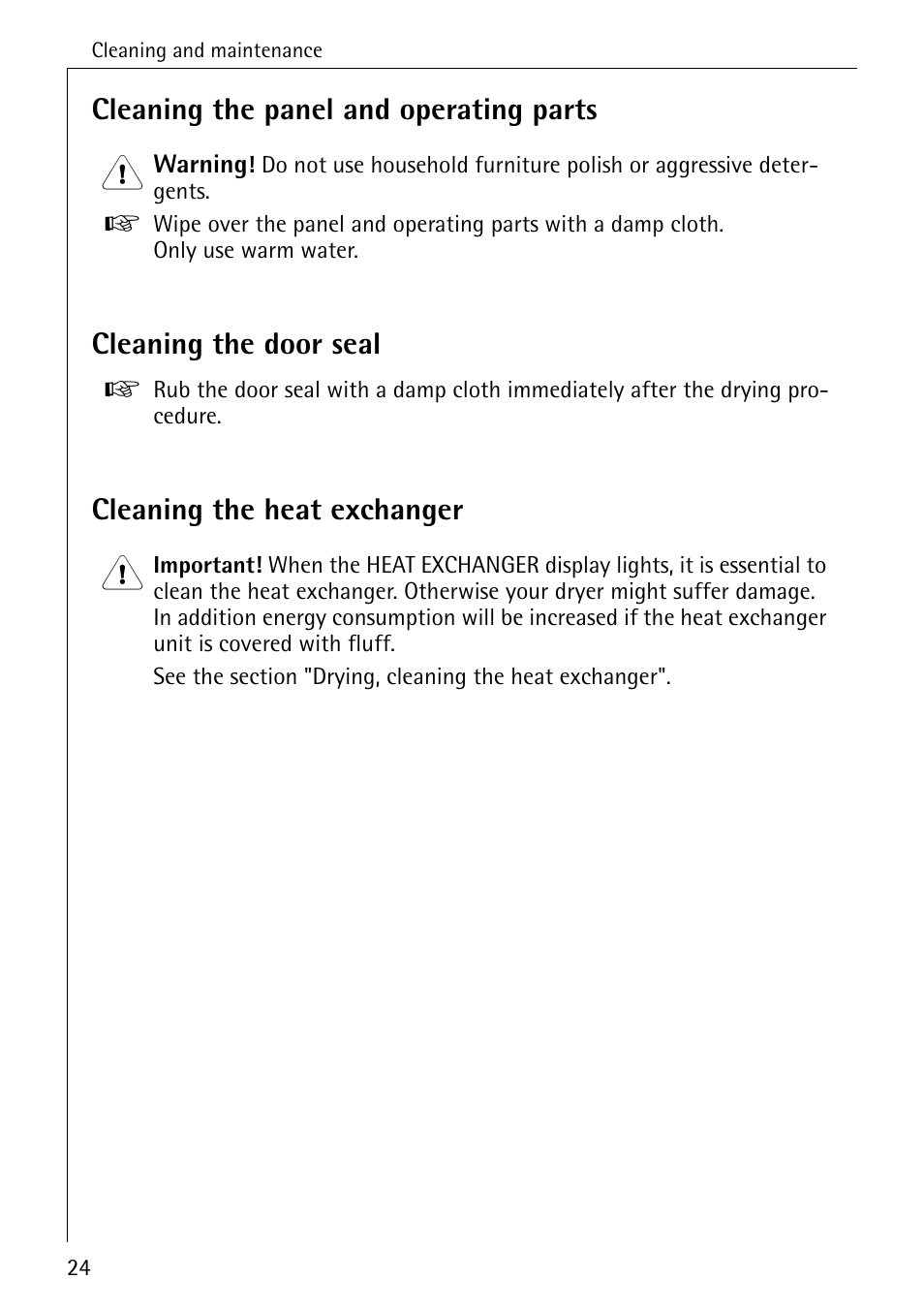 Cleaning the panel and operating parts, Cleaning the door seal, Cleaning the heat exchanger | Electrolux LAVATHERM 57520 User Manual | Page 24 / 40