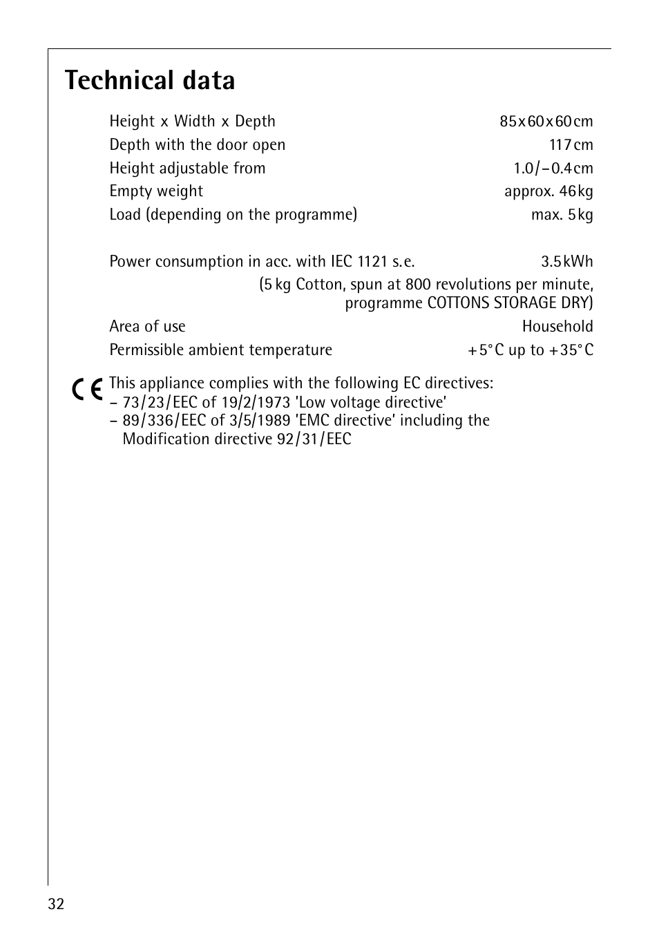 Technical data | Electrolux LAVATHERM 57520 User Manual | Page 32 / 40