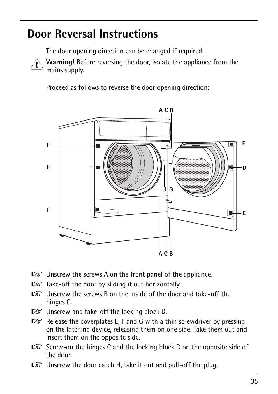 Door reversal instructions | Electrolux LAVATHERM 57520 User Manual | Page 35 / 40