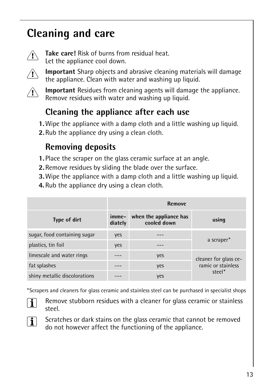 Cleaning and care 1, Cleaning the appliance after each use, Removing deposits | Electrolux D-90327 User Manual | Page 13 / 24